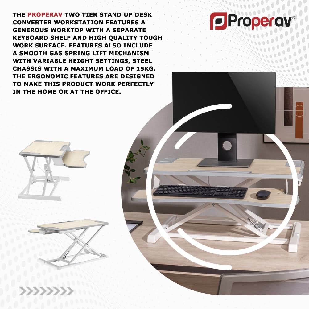 ProperAV Two Tier Stand Up Desk Converter Worktop with Gas Spring Lift & Variable Height Settings - White – view 7