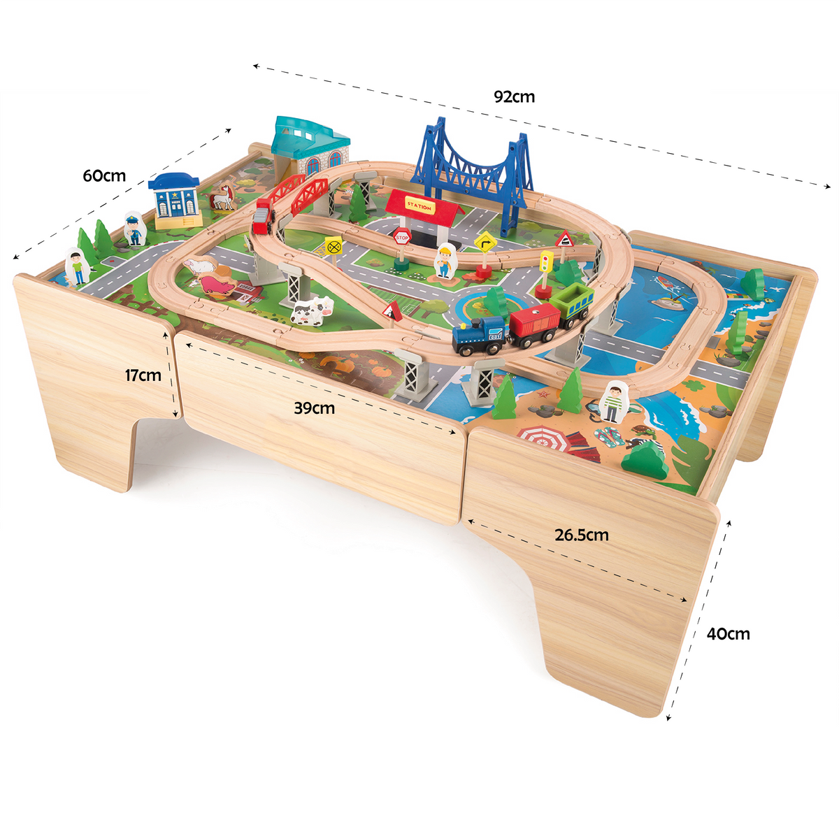 Wooden Train Track Set with Play Table & Storage - 80 Pieces