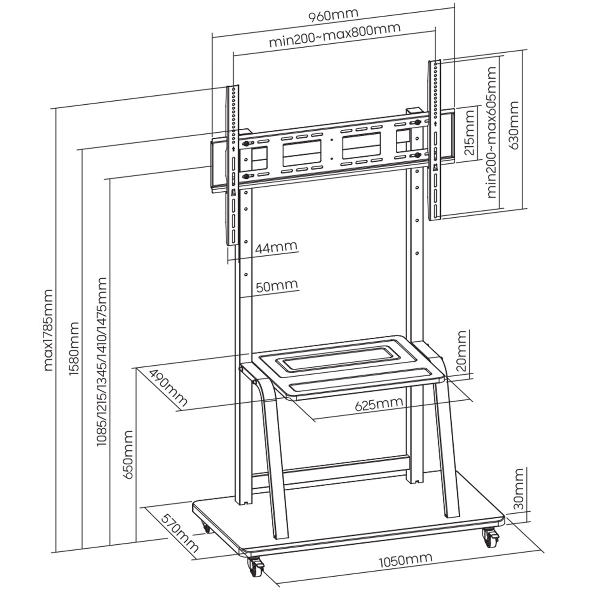 ProperAV Mobile TV Trolley Stand on Wheels for 37" - 100" Screens (150kg Capacity / Vesa Max. 800x600) – view 10