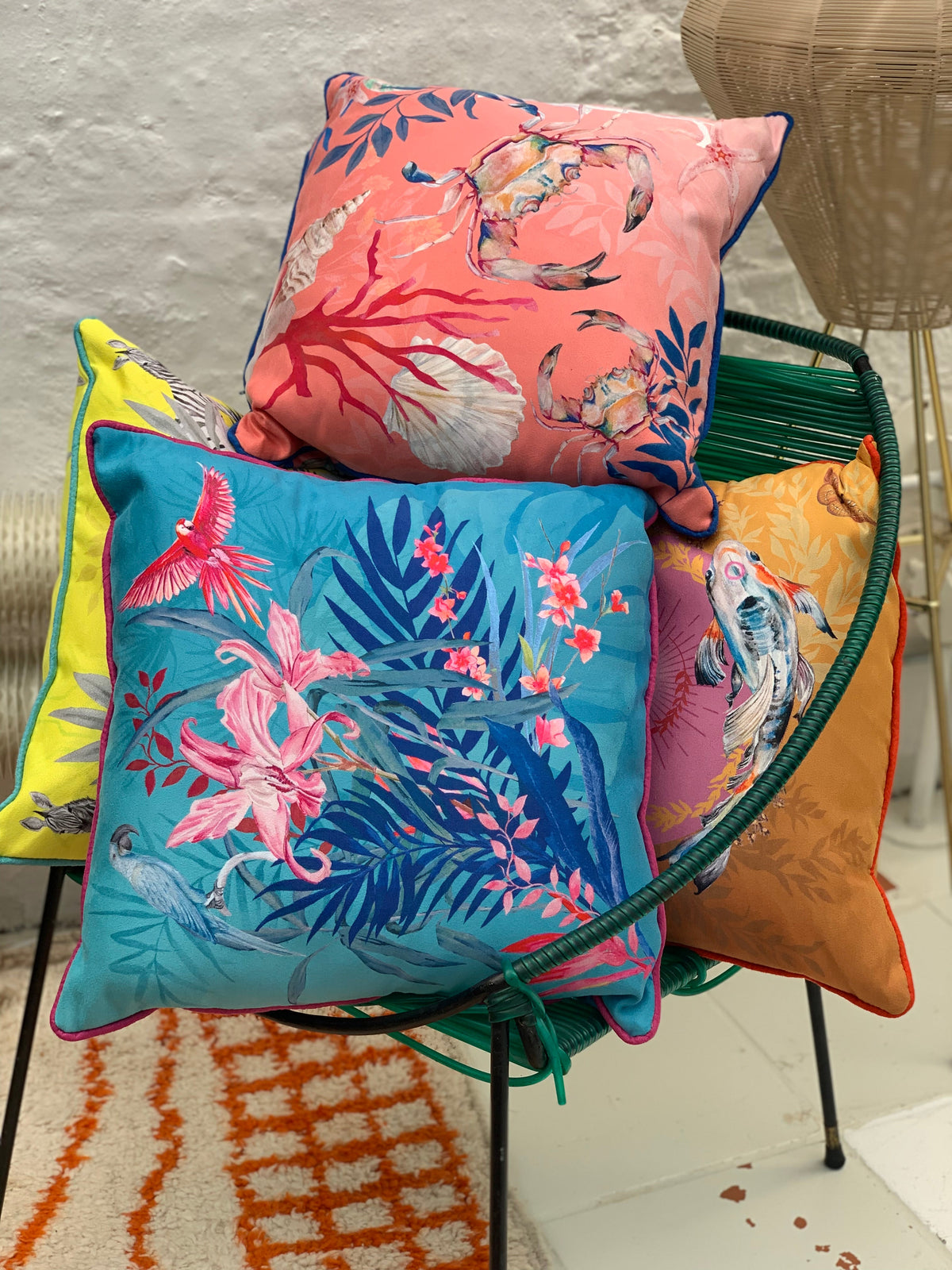 Turquoise tropical watercolour art Cushion 'Jungala' double sided design, made from Vegan friendly Suede – view 7