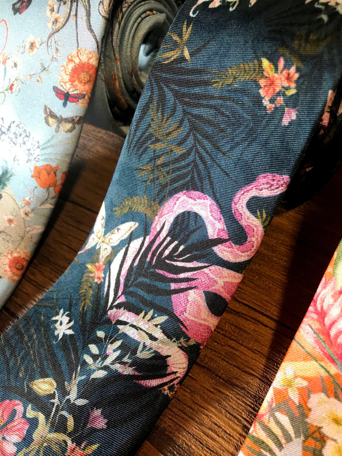 Navy Blue Silk Tie, 'Enticement' Pink Serpent design and tropical flowers – view 7