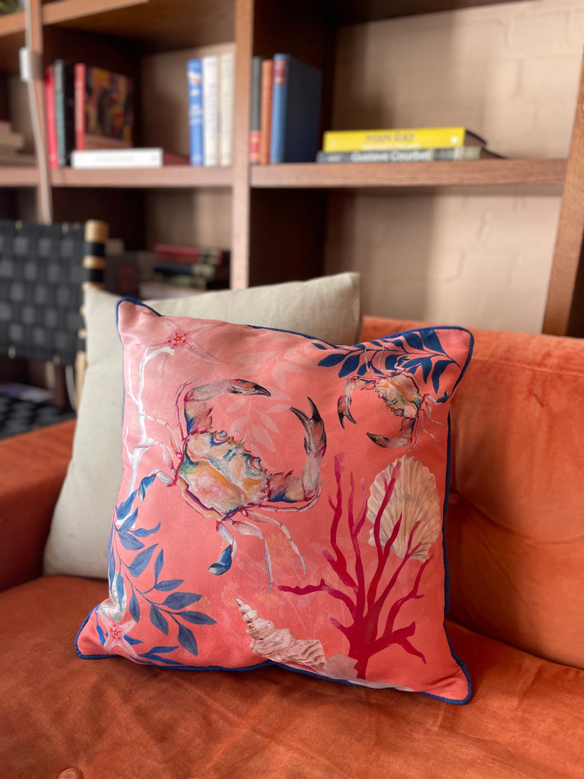 Coral watercolour art Cushion 'Pure shores' double sided design with starfish illustration, made from Vegan fr – view 2