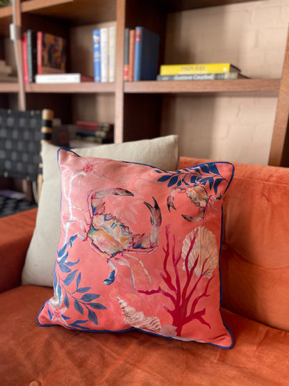 Coral watercolour art Cushion 'Pure shores' double sided design with starfish illustration, made from Vegan fr – view 2