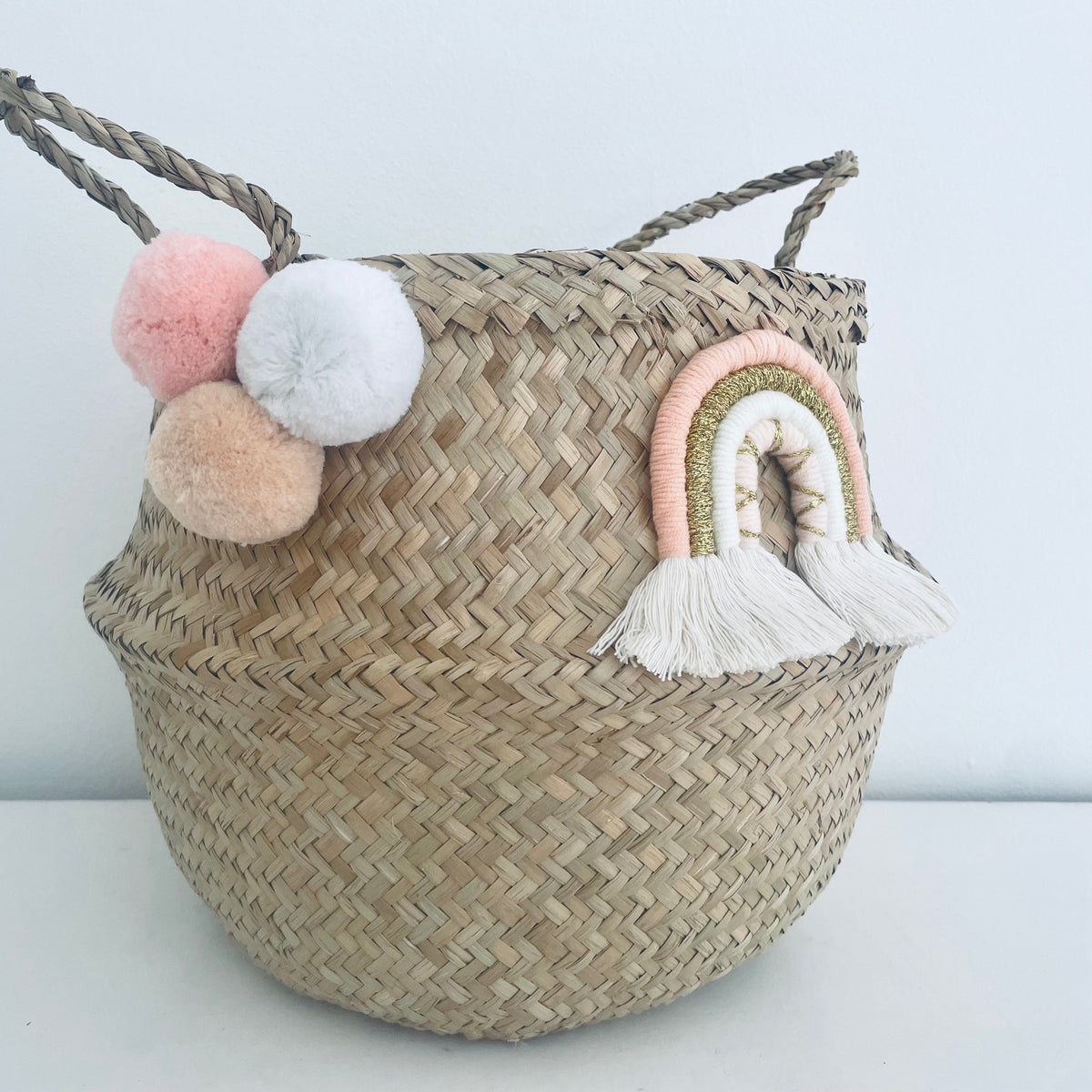 Macrame rainbow pom pom basket - large – view 2