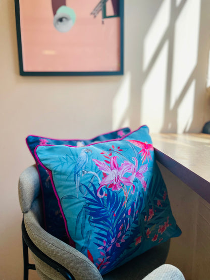 Turquoise tropical watercolour art Cushion 'Jungala' double sided design, made from Vegan friendly Suede – view 2