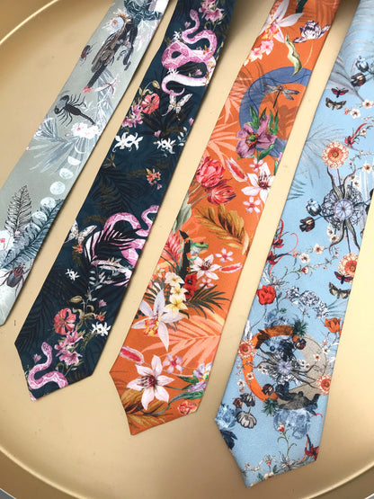 Rust orange coloured Silk Tie, 'Eden' tropical meadow print – view 7