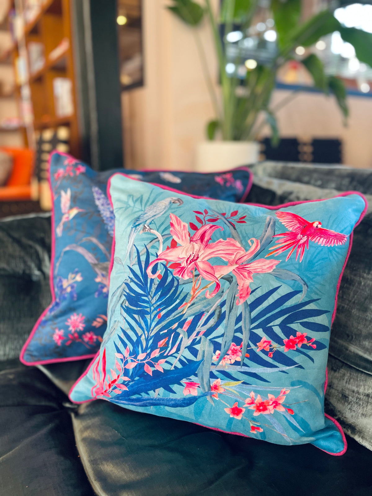Turquoise tropical watercolour art Cushion 'Jungala' double sided design, made from Vegan friendly Suede