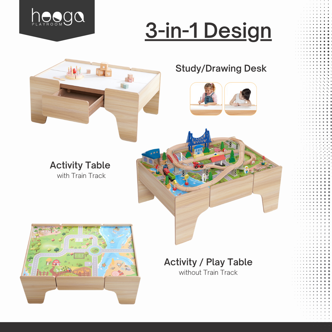 Wooden Train Track Set with Play Table & Storage - 80 Pieces