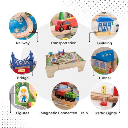 Wooden Train Track Set with Play Table & Storage - 80 Pieces