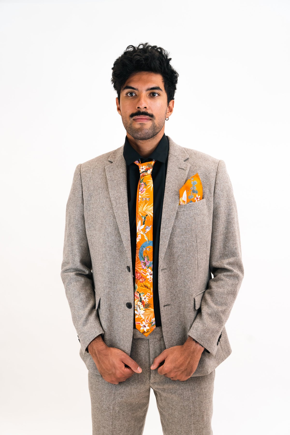 Rust orange coloured Silk Tie, 'Eden' tropical meadow print – view 3