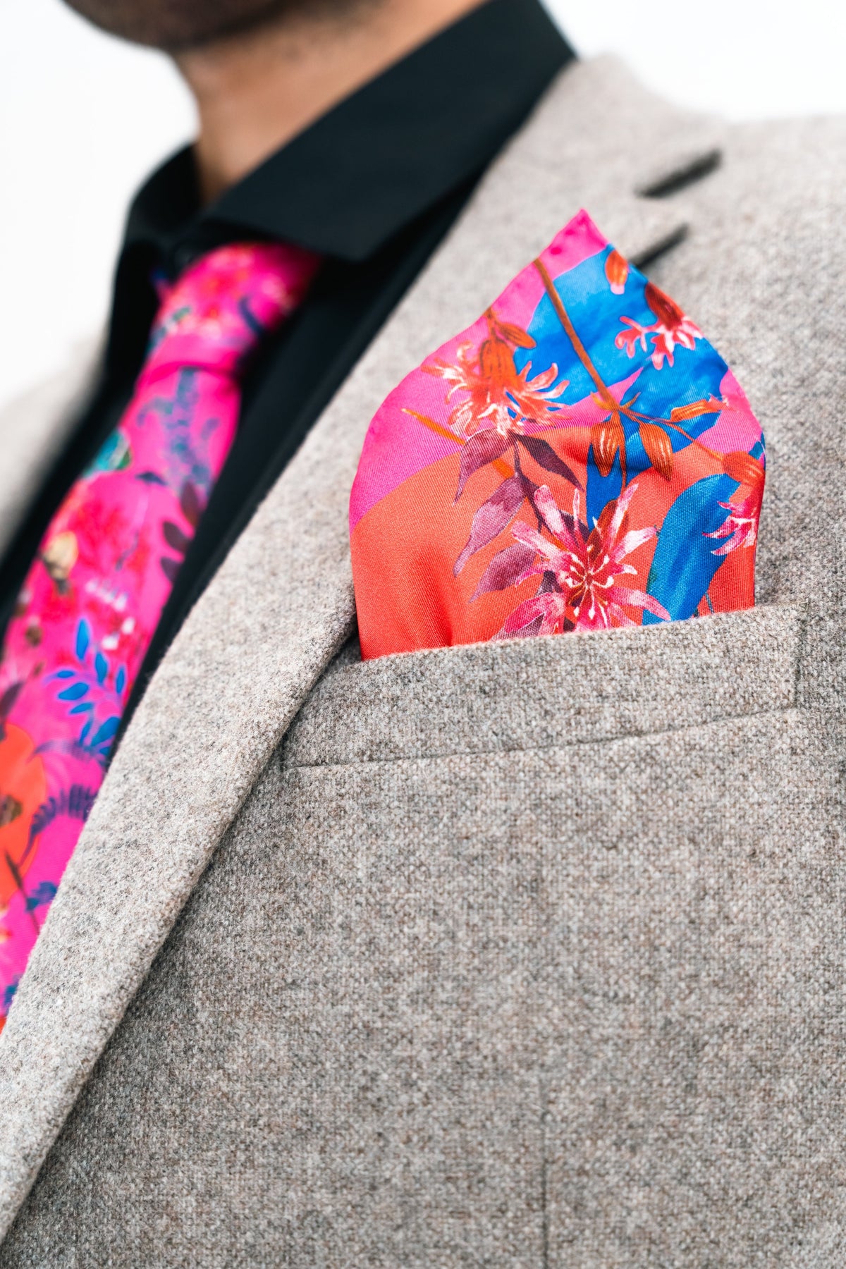 Fuchsia Pink Silk Tie and pocket square set in 'Nectar' butterfly print – view 2