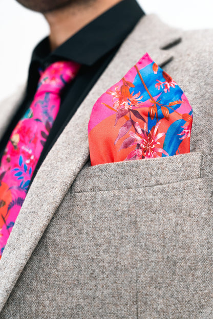 Fuchsia Pink Silk Tie and pocket square set in 'Nectar' butterfly print – view 2