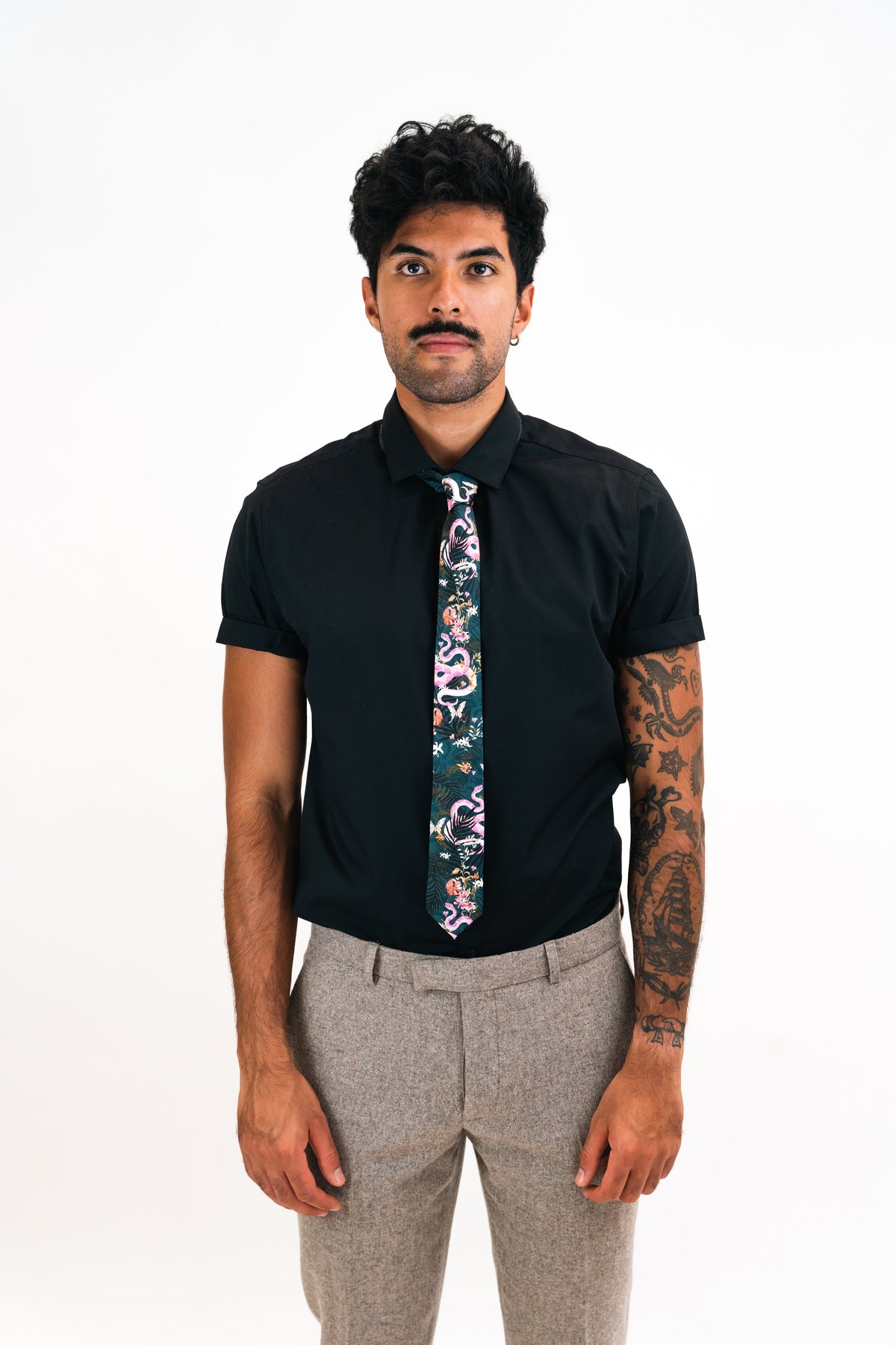Navy Blue Silk Tie, 'Enticement' Pink Serpent design and tropical flowers – view 2