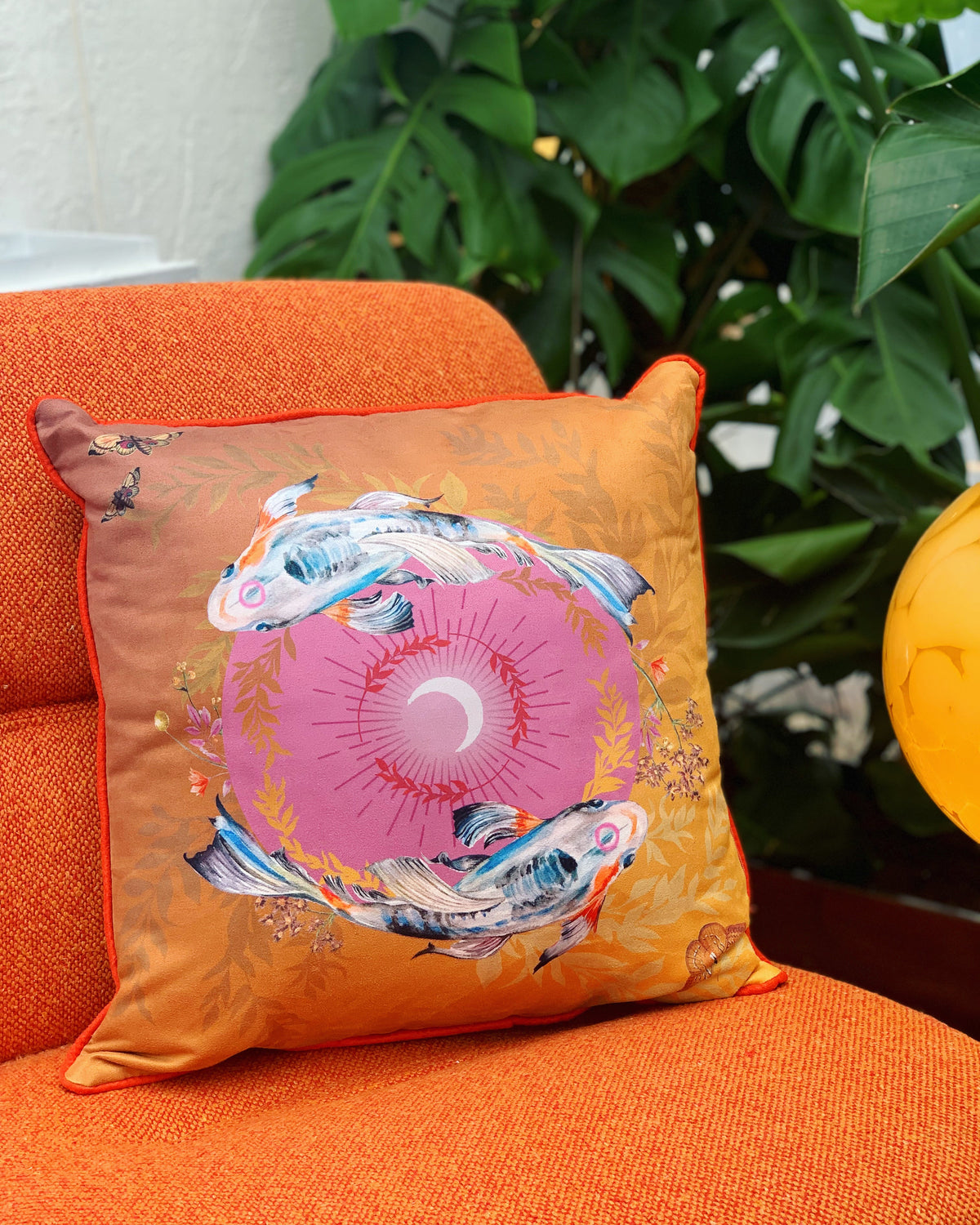 Koi watercolour art Cushion 'Golden pool' double sided design with fish illustration, made from Vegan friendly – view 2