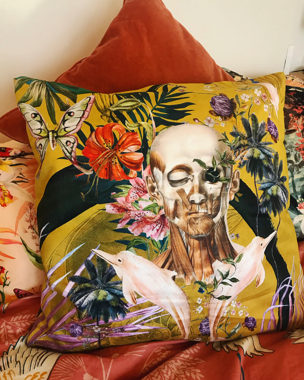 Large Yellow Cushion Watercolour skull design 'Boto Cushion' in Vegan friendly Suede – view 5