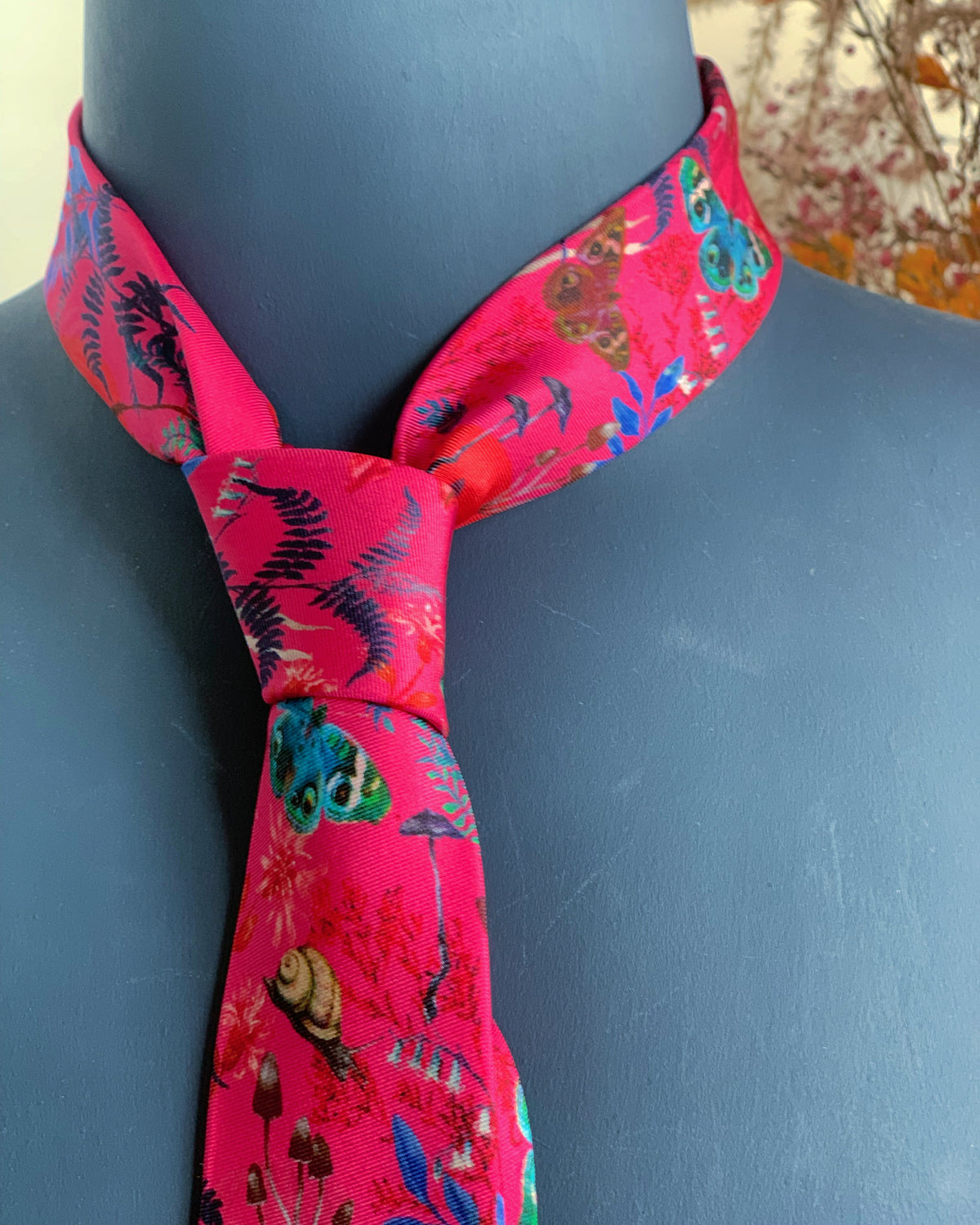 Fuchsia Pink Silk Tie and pocket square set in 'Nectar' butterfly print – view 5