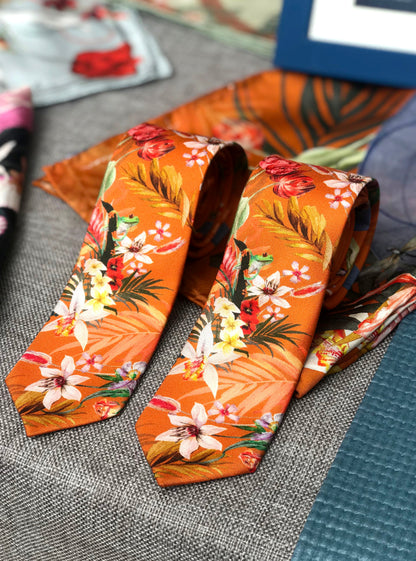 Rust orange coloured Silk Tie, 'Eden' tropical meadow print – view 2
