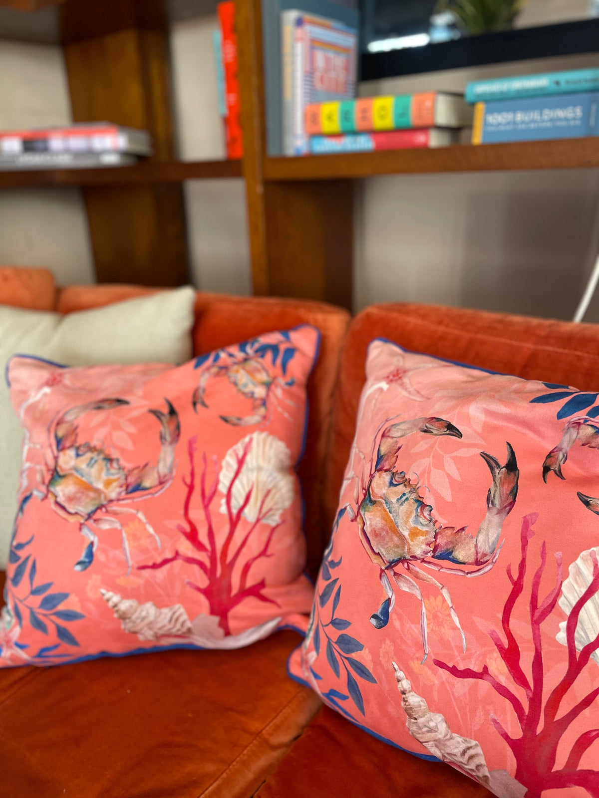 Coral watercolour art Cushion 'Pure shores' double sided design with starfish illustration, made from Vegan fr