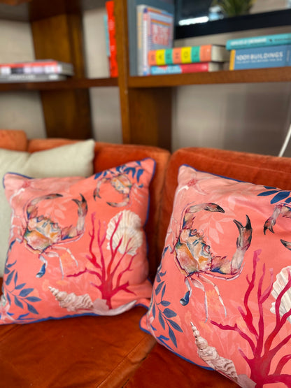 Coral watercolour art Cushion 'Pure shores' double sided design with starfish illustration, made from Vegan fr