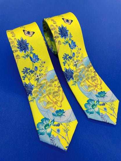 Vibrant yellow and pale blue ‘Luciferin’ floral silk tie – view 4