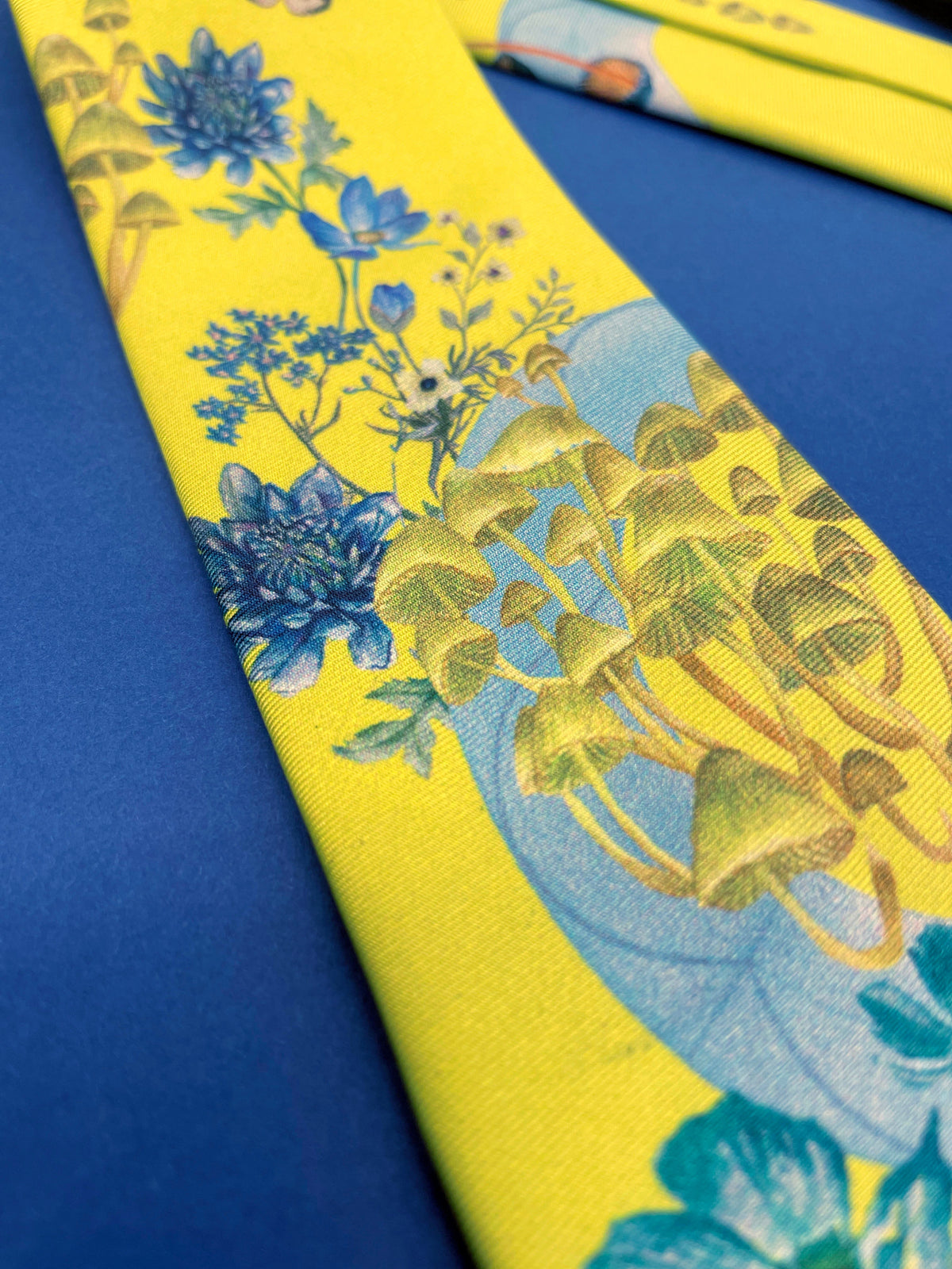 Vibrant yellow and pale blue ‘Luciferin’ floral silk tie – view 5