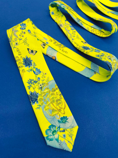 Vibrant yellow and pale blue ‘Luciferin’ floral silk tie – view 2