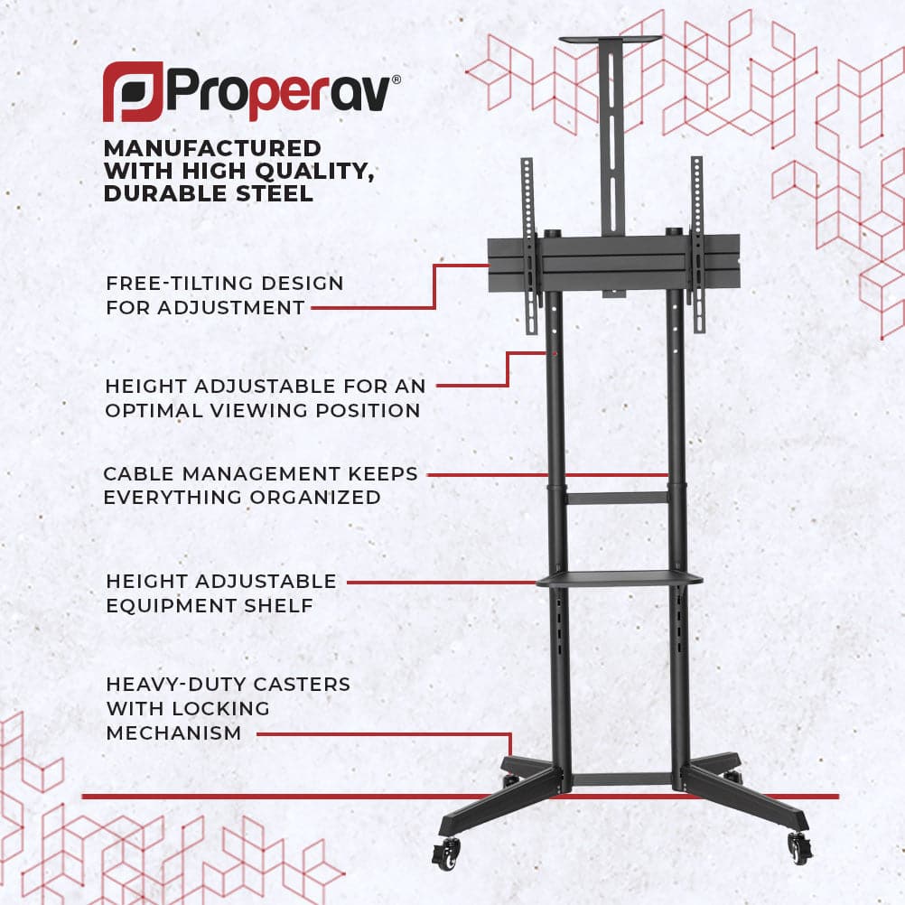 ProperAV Mobile TV Trolley Stand on Wheels for 37" - 70" Screens (50kg Capacity / Vesa Max. 400x600) – view 5