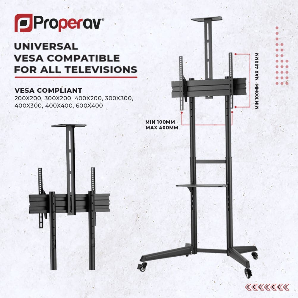 ProperAV Mobile TV Trolley Stand on Wheels for 37" - 70" Screens (50kg Capacity / Vesa Max. 400x600) – view 4