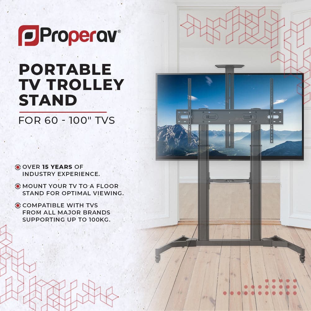 ProperAV Mobile TV Trolley Stand on Wheels for 60" - 100" Screens (100kg Capacity / Vesa Max. 600x1000) – view 4