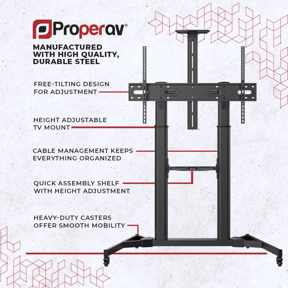 ProperAV Mobile TV Trolley Stand on Wheels for 60" - 100" Screens (100kg Capacity / Vesa Max. 600x1000) – view 6