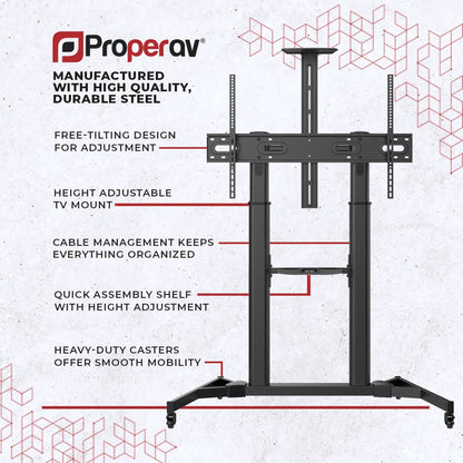 ProperAV Mobile TV Trolley Stand on Wheels for 60" - 100" Screens (100kg Capacity / Vesa Max. 600x1000) – view 6