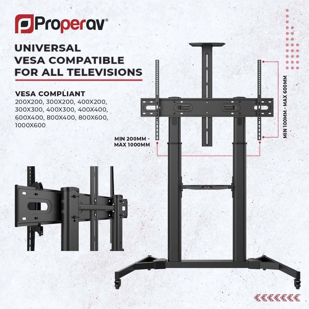 ProperAV Mobile TV Trolley Stand on Wheels for 60" - 100" Screens (100kg Capacity / Vesa Max. 600x1000) – view 5