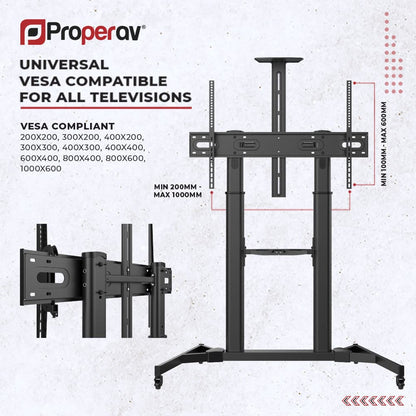 ProperAV Mobile TV Trolley Stand on Wheels for 60" - 100" Screens (100kg Capacity / Vesa Max. 600x1000) – view 5