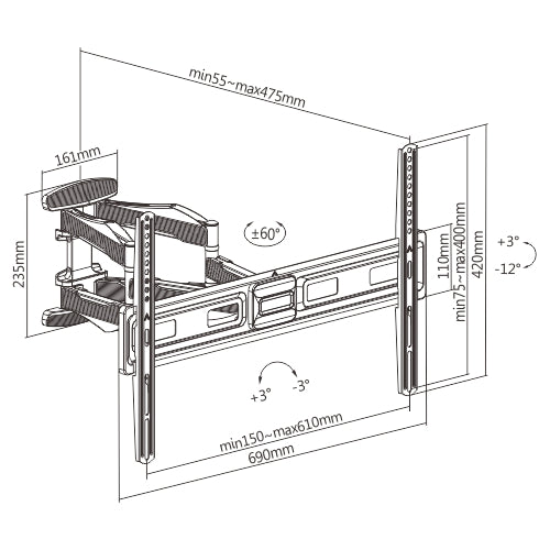 ProperAV TV Wall Bracket (37" - 86" / 45kg Capacity / Vesa Max. 600x400) - Black – view 6