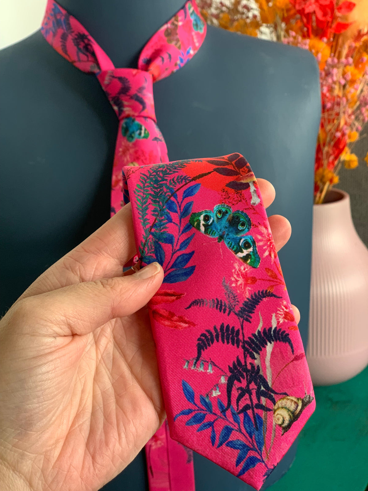 Fuchsia Pink Silk Tie and pocket square set in 'Nectar' butterfly print – view 4