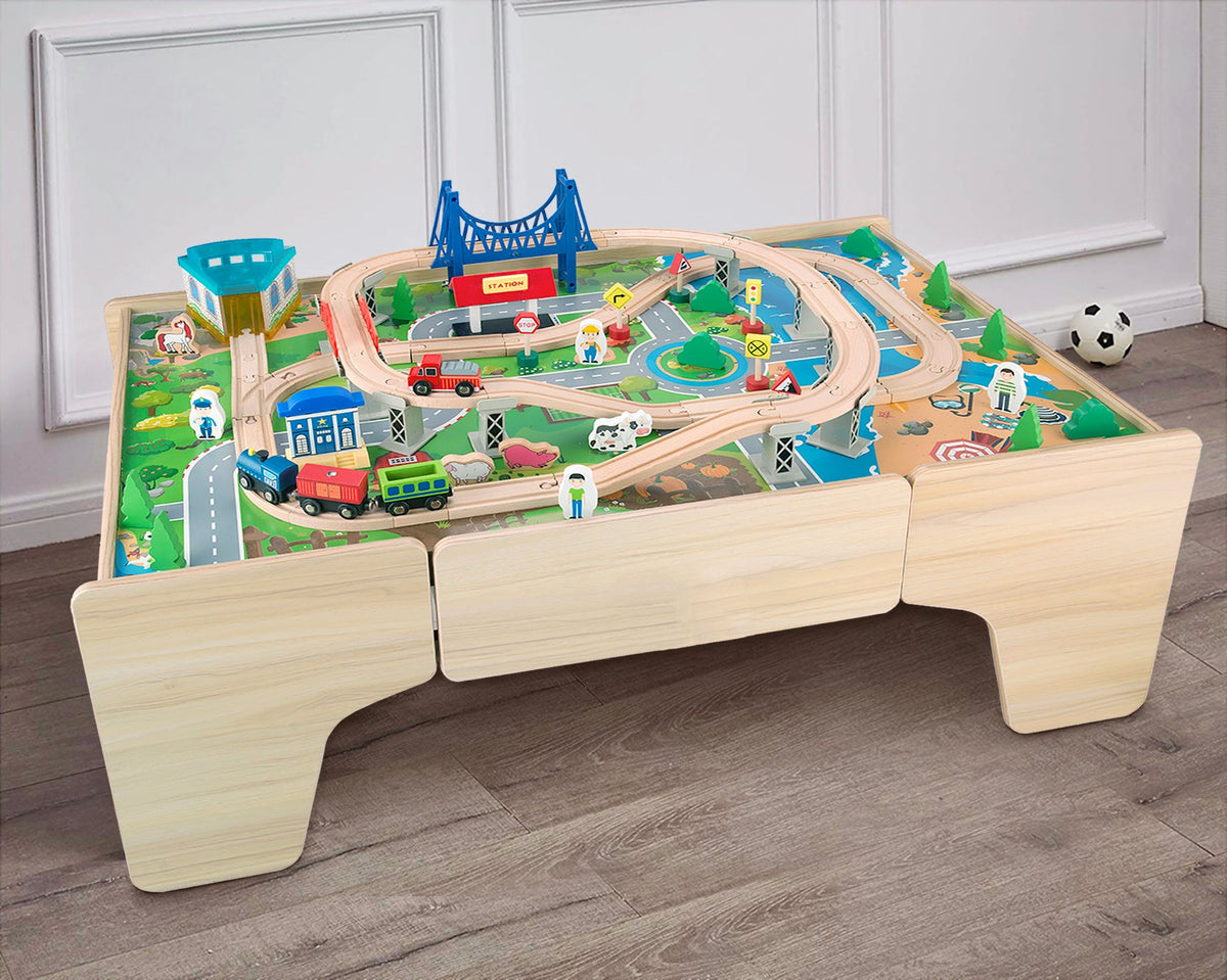 Wooden Train Track Set with Play Table & Storage - 80 Pieces