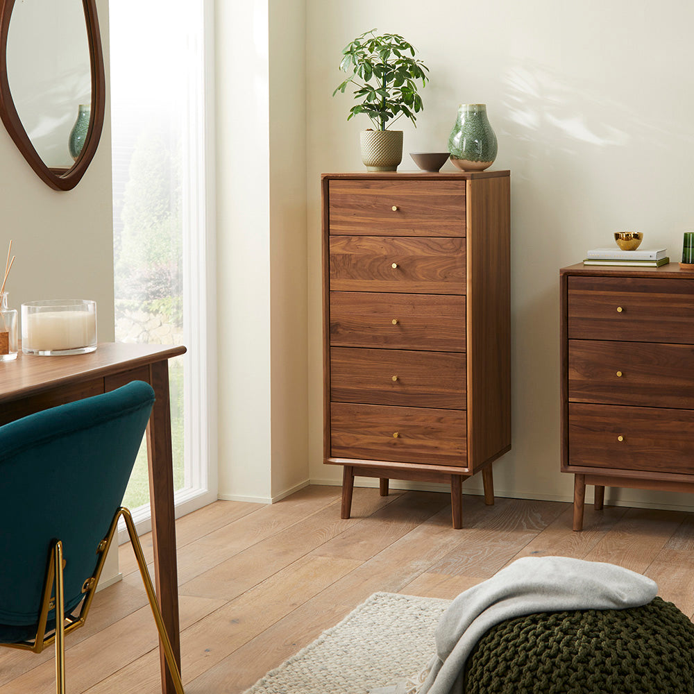 Wright Walnut Tallboy Chest of 5 Drawers – view 7