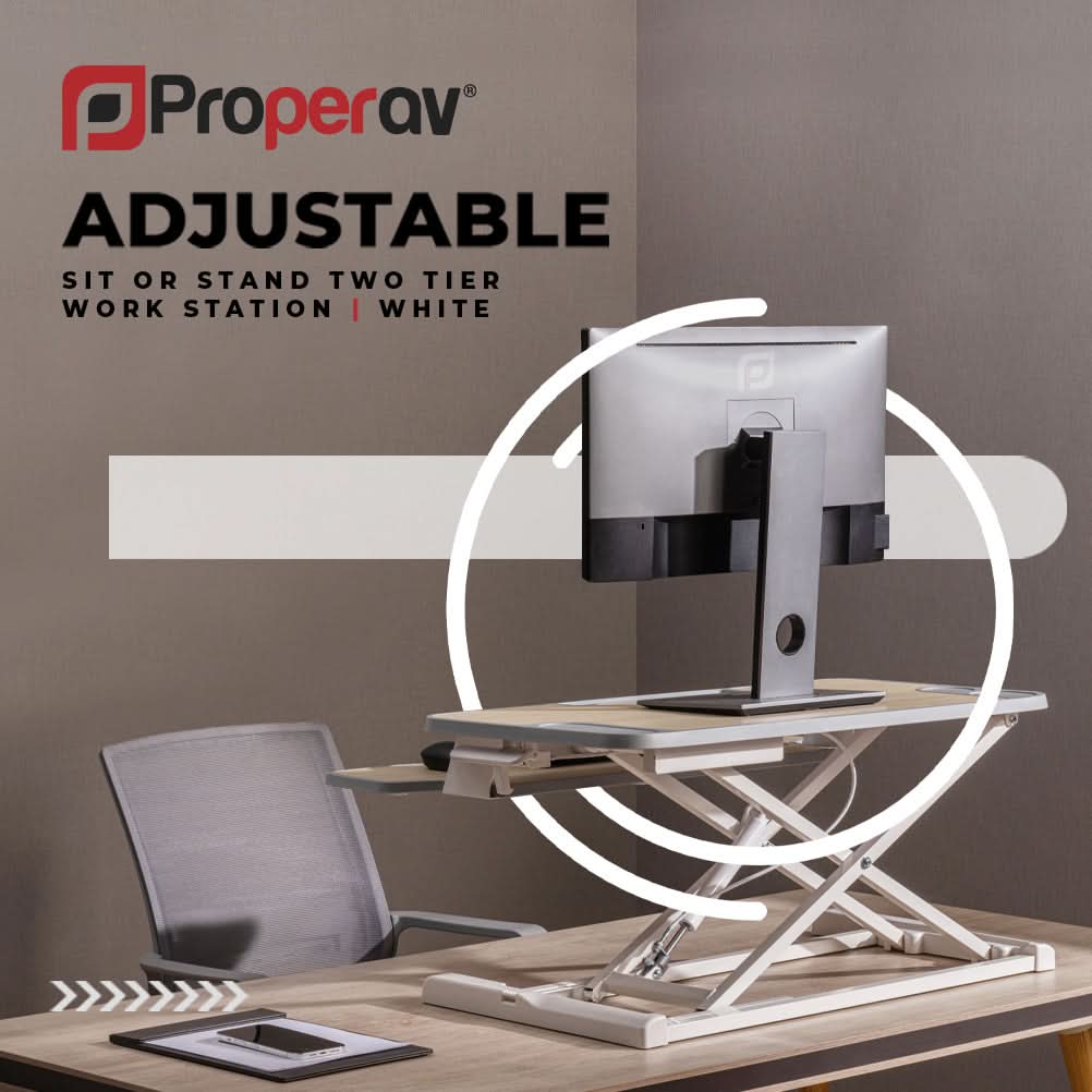 ProperAV Two Tier Stand Up Desk Converter Worktop with Gas Spring Lift & Variable Height Settings - White – view 4