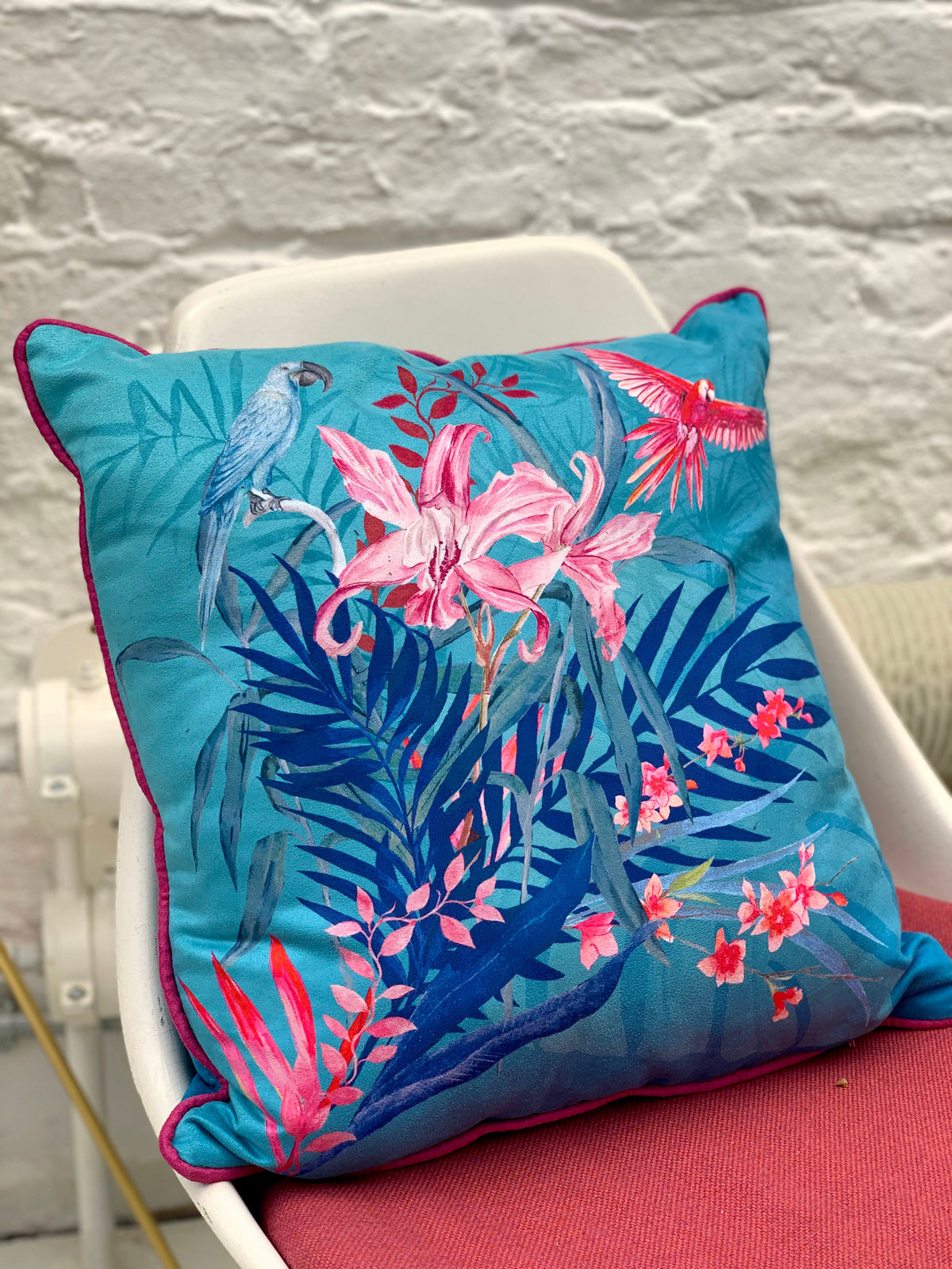Turquoise tropical watercolour art Cushion 'Jungala' double sided design, made from Vegan friendly Suede – view 5