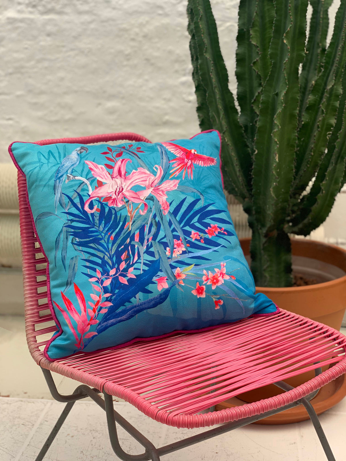 Turquoise tropical watercolour art Cushion 'Jungala' double sided design, made from Vegan friendly Suede – view 4