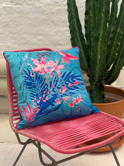 Turquoise tropical watercolour art Cushion 'Jungala' double sided design, made from Vegan friendly Suede – view 4