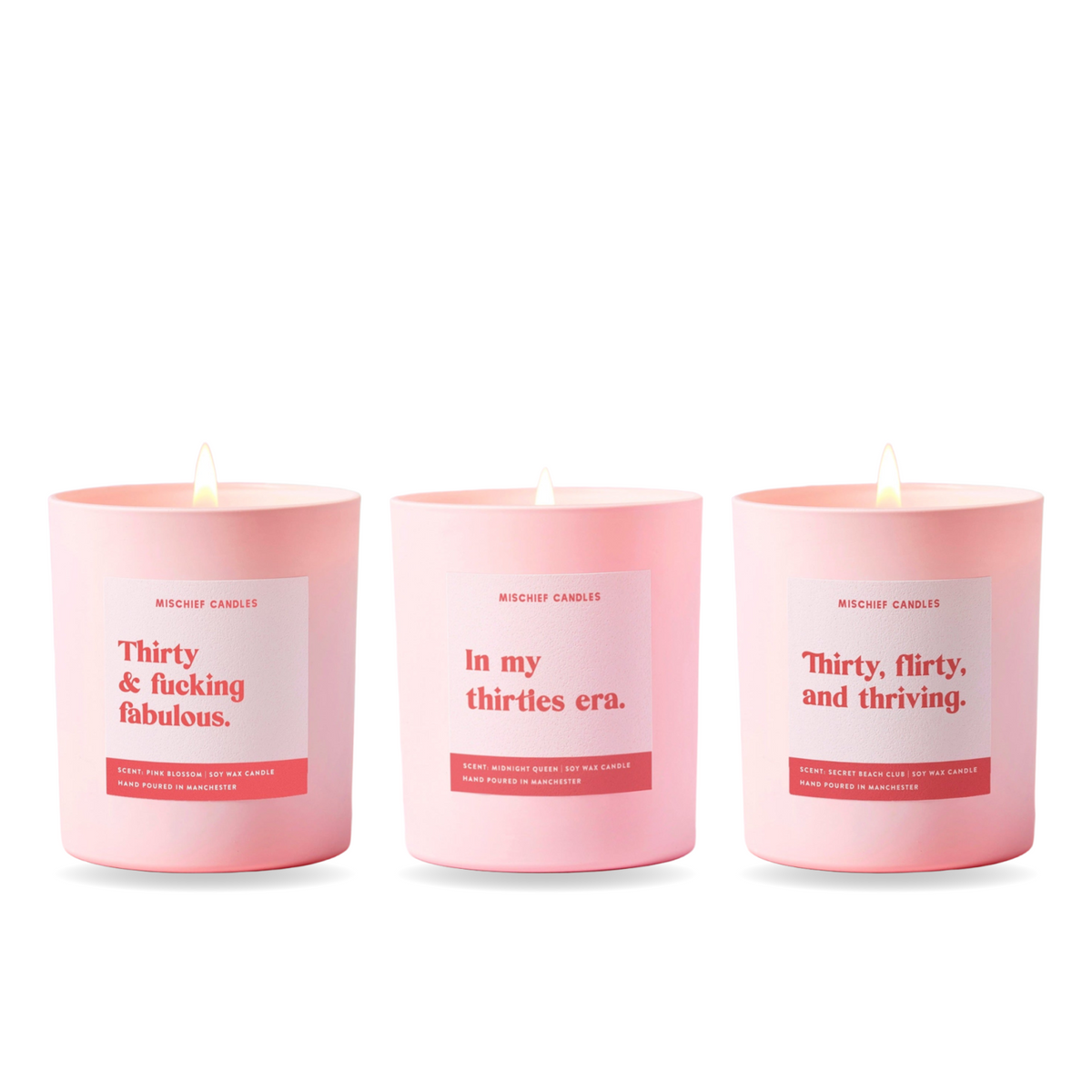 30th Birthday Candle Gift Set – three funny Mischief candles together