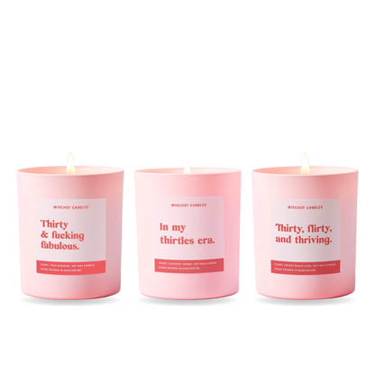 30th Birthday Candle Gift Set – three funny Mischief candles together
