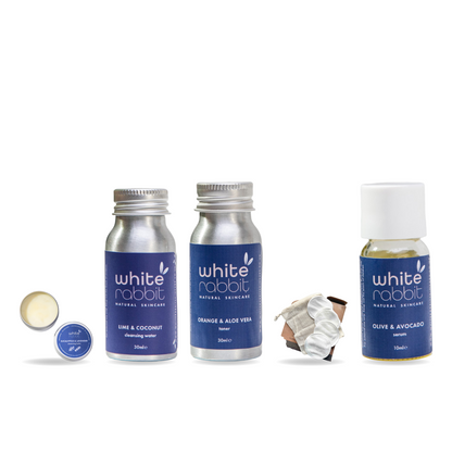 Cleanse, Tone & Glow Travel Set – White Rabbit Skin Care products together