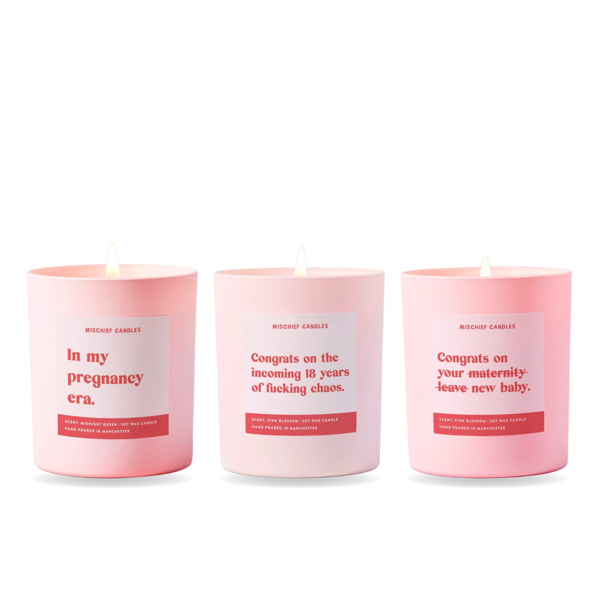 Pregnancy Candle Gift Set – three funny Mischief candles together
