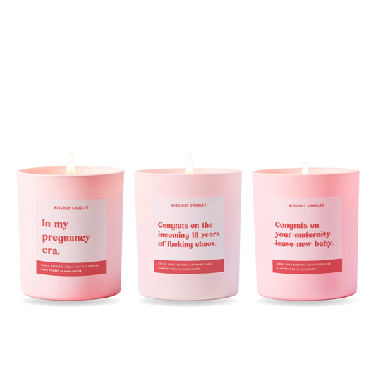 Pregnancy Candle Gift Set – three funny Mischief candles together