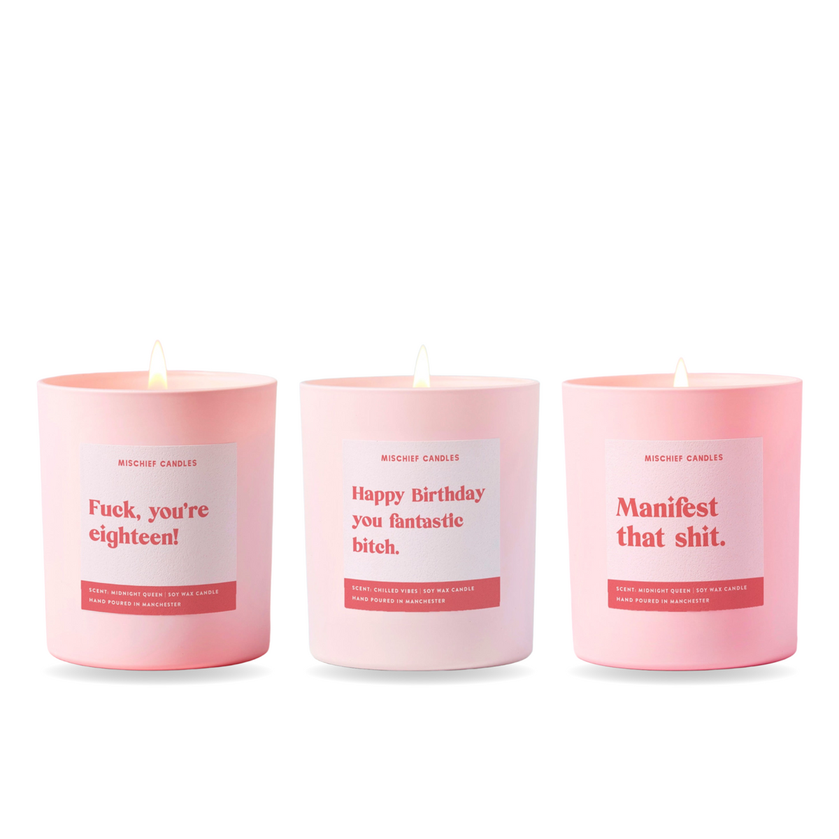 18th Birthday Candle Gift Set – three funny Mischief candles together