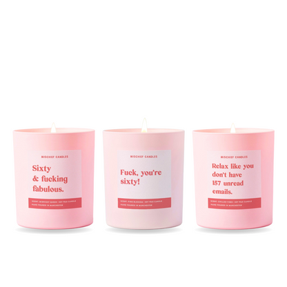 60th Birthday Candle Gift Set – three funny Mischief candles together