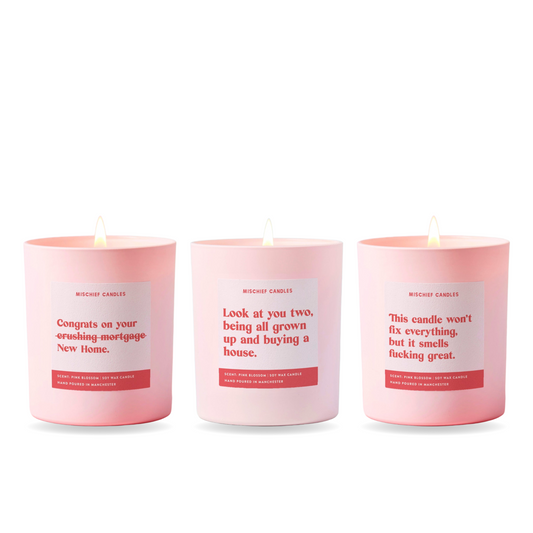 New Mortgage Candle Gift Set – three funny Mischief candles together