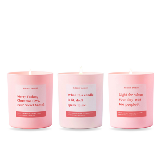 Secret Santa Candle Gift Set – three funny Mischief candles together